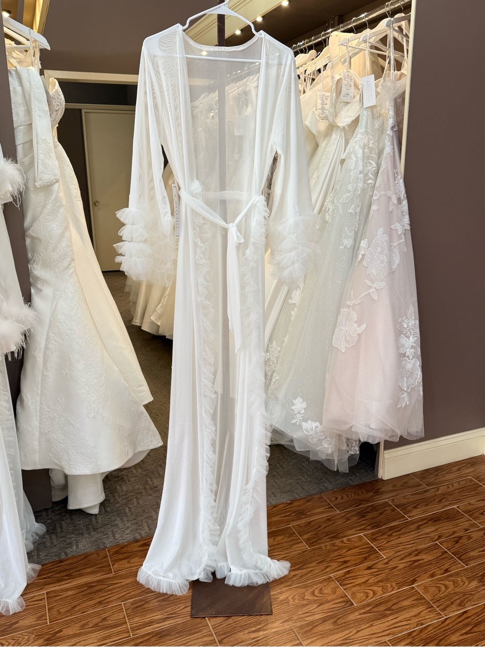 Sheer White Waist Tie Bridal Robe with Ruffle Cuffs, Trim & Hem